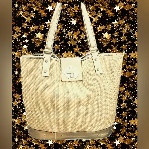 Kate Spade Gold Leather Turn Lock Straw Bag Nice Preowned Cond Very Good Size - Picture 5 of 14